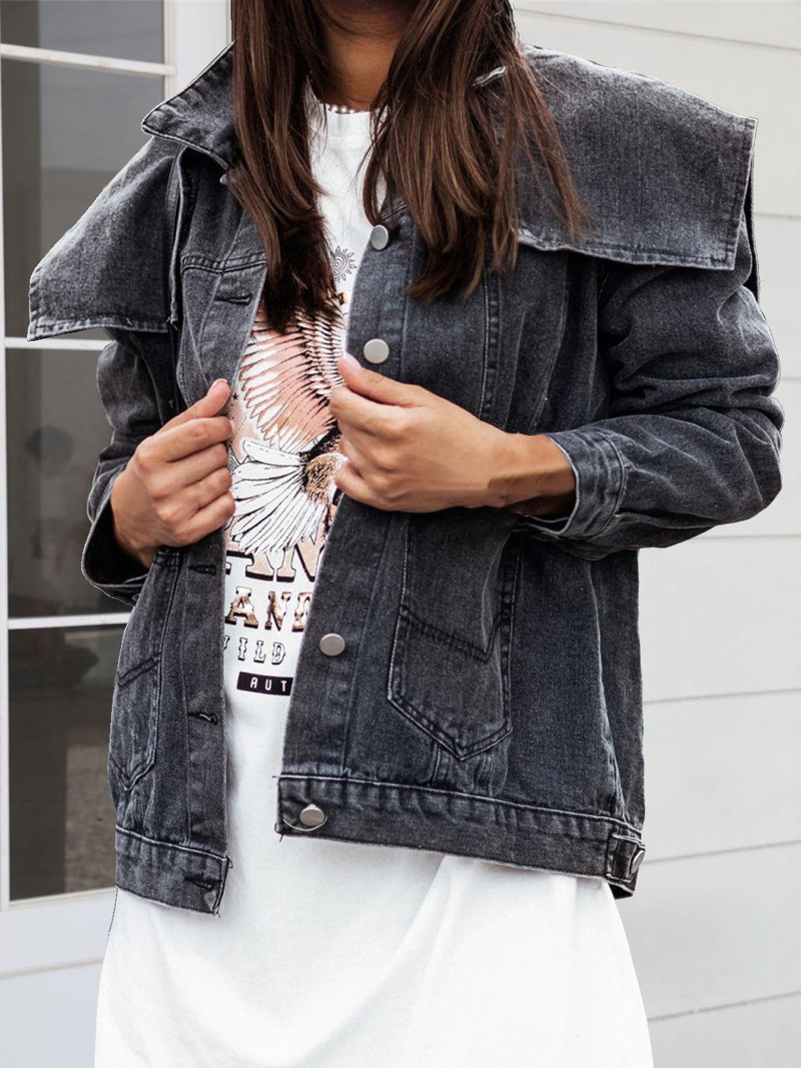 Collared Neck Button Down Denim Jacket - Clothes For Her Online Store