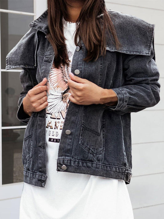 Collared Neck Button Down Denim Jacket - Clothes For Her Online Store