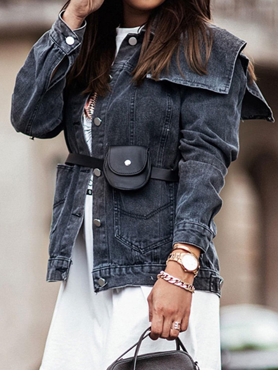 Collared Neck Button Down Denim Jacket - Clothes For Her Online Store