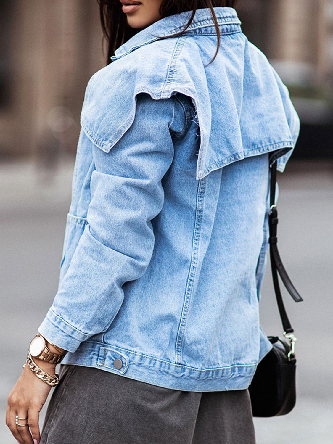 Collared Neck Button Down Denim Jacket - Clothes For Her Online Store