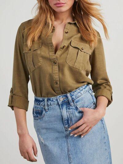 Collared Neck Button Down Denim Top - Clothes For Her Online Store