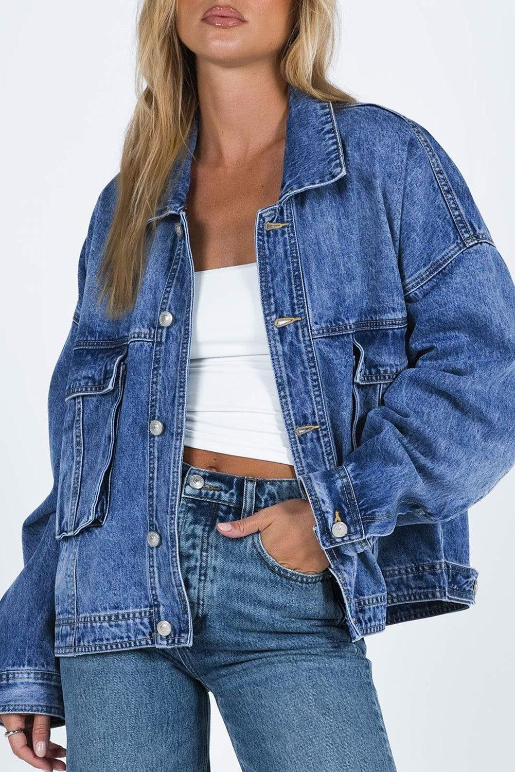 Collared Neck Button Up Denim Jacket - Clothes For Her Online Store