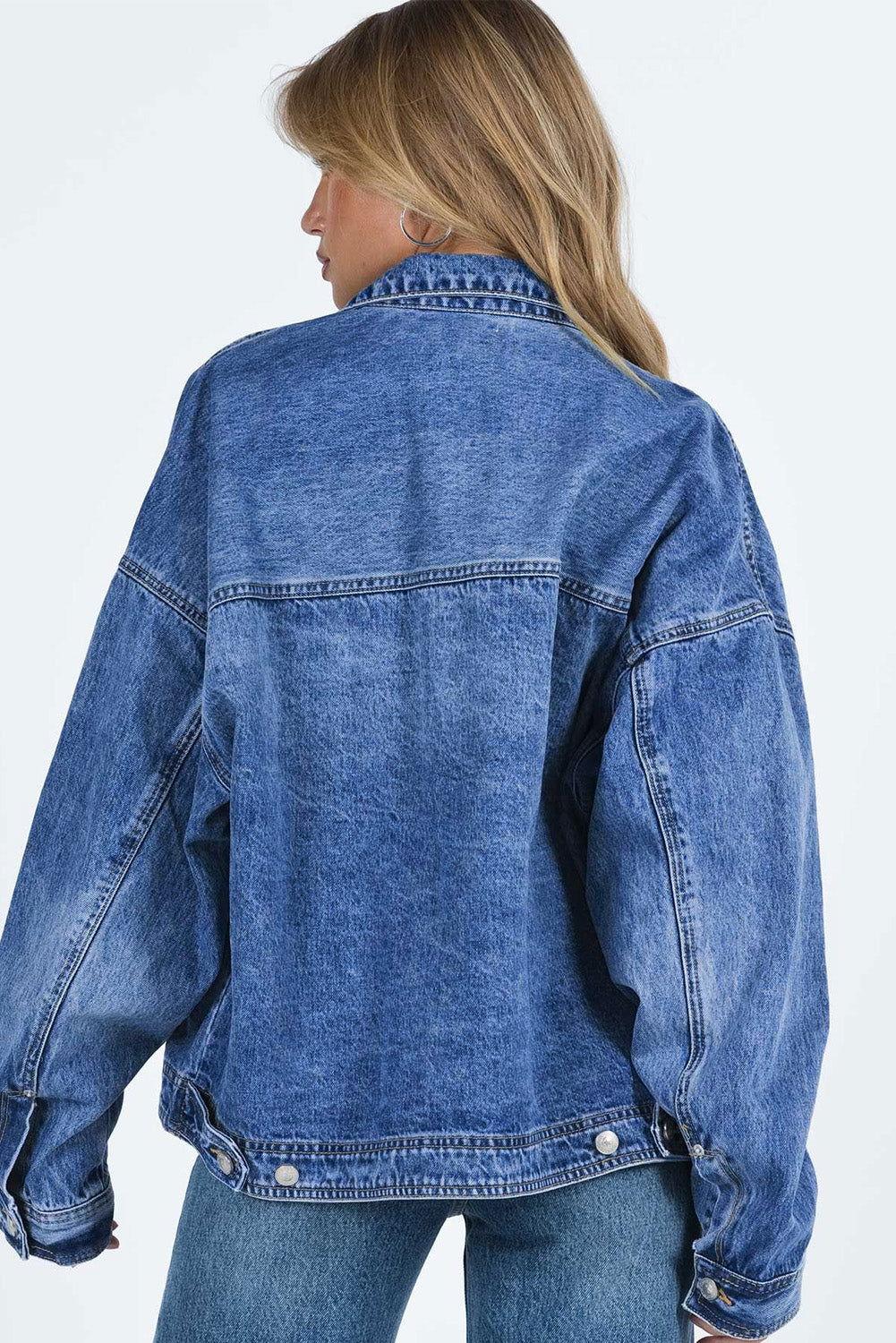 Collared Neck Button Up Denim Jacket - Clothes For Her Online Store