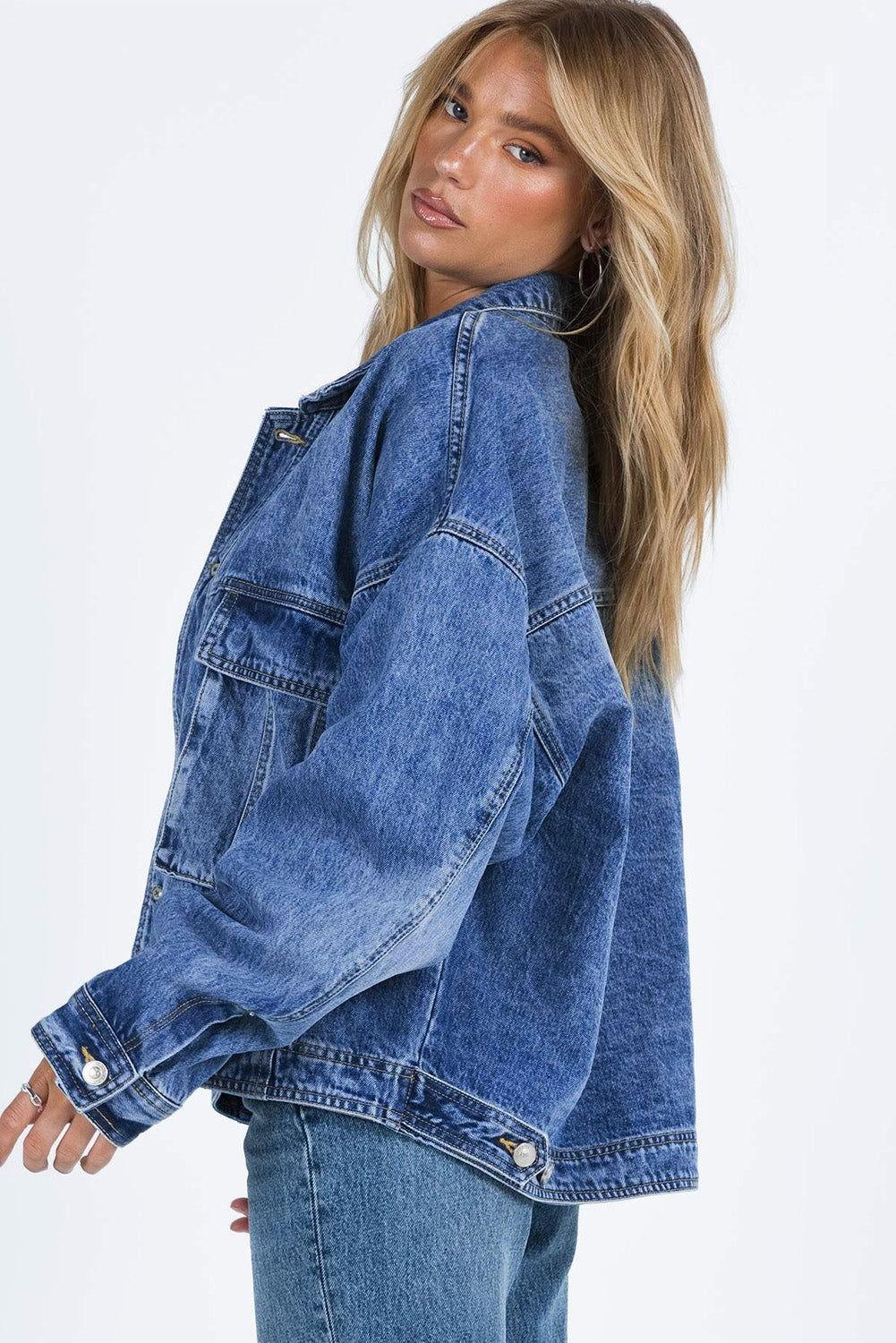 Collared Neck Button Up Denim Jacket - Clothes For Her Online Store