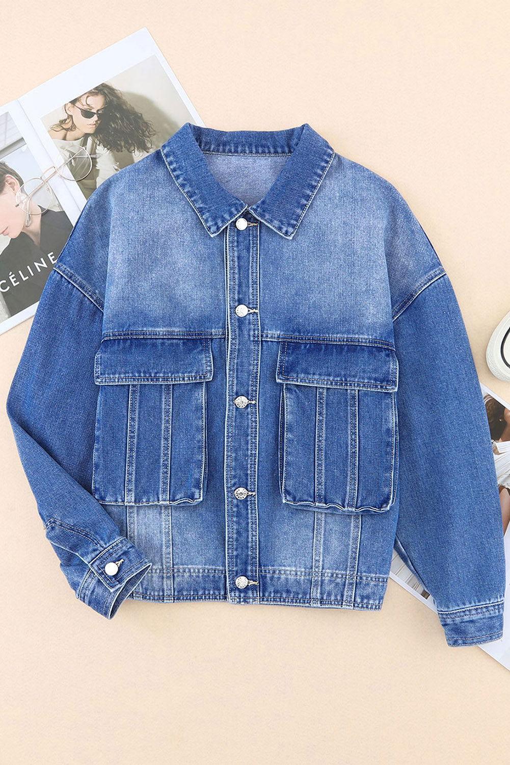 Collared Neck Button Up Denim Jacket - Clothes For Her Online Store