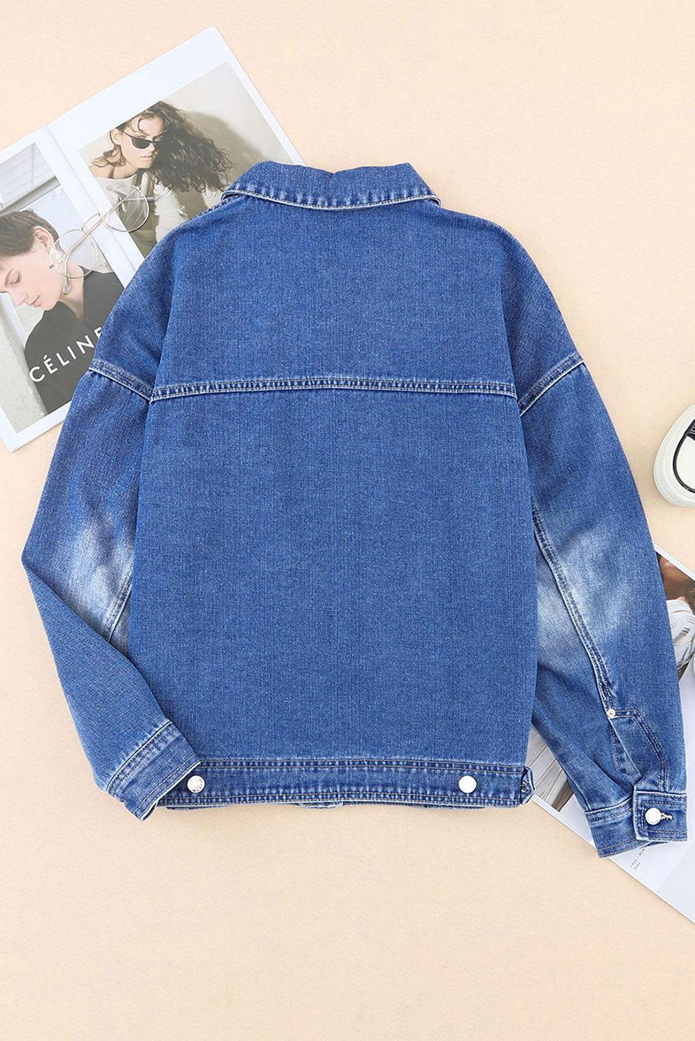 Collared Neck Button Up Denim Jacket - Clothes For Her Online Store