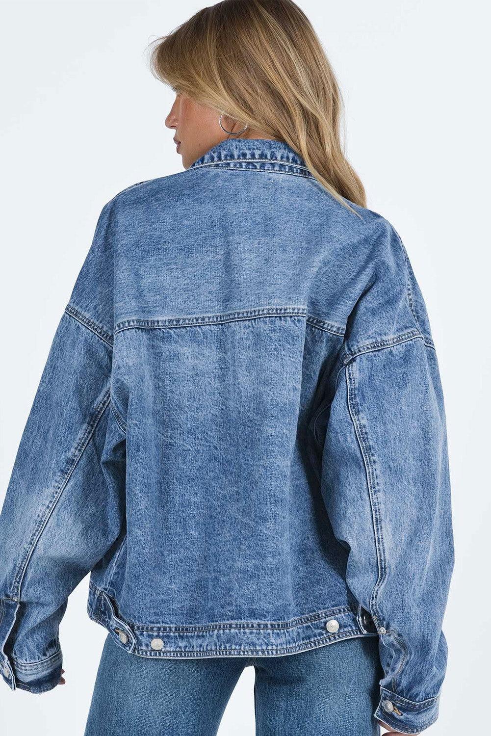 Collared Neck Button Up Denim Jacket - Clothes For Her Online Store