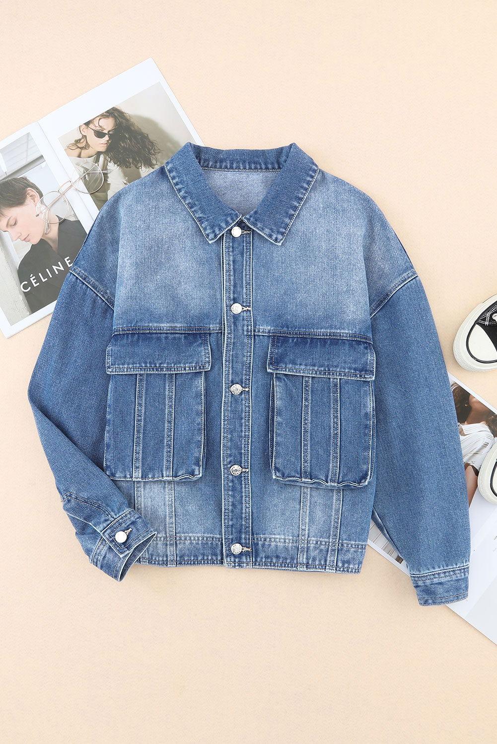 Collared Neck Button Up Denim Jacket - Clothes For Her Online Store