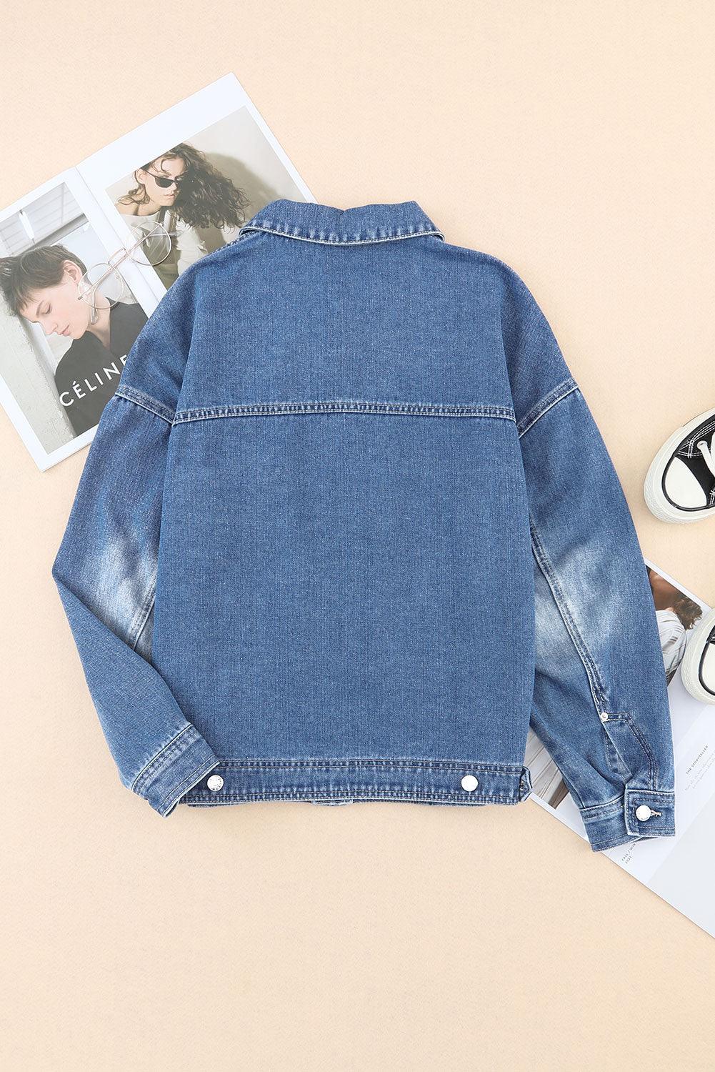 Collared Neck Button Up Denim Jacket - Clothes For Her Online Store