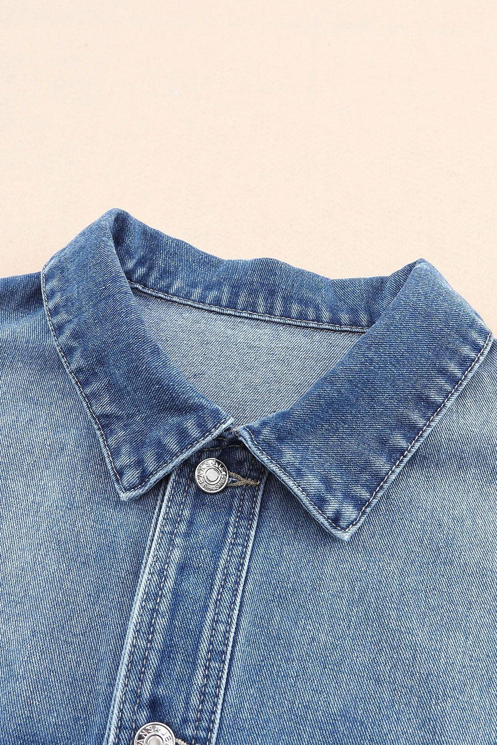 Collared Neck Button Up Denim Jacket - Clothes For Her Online Store