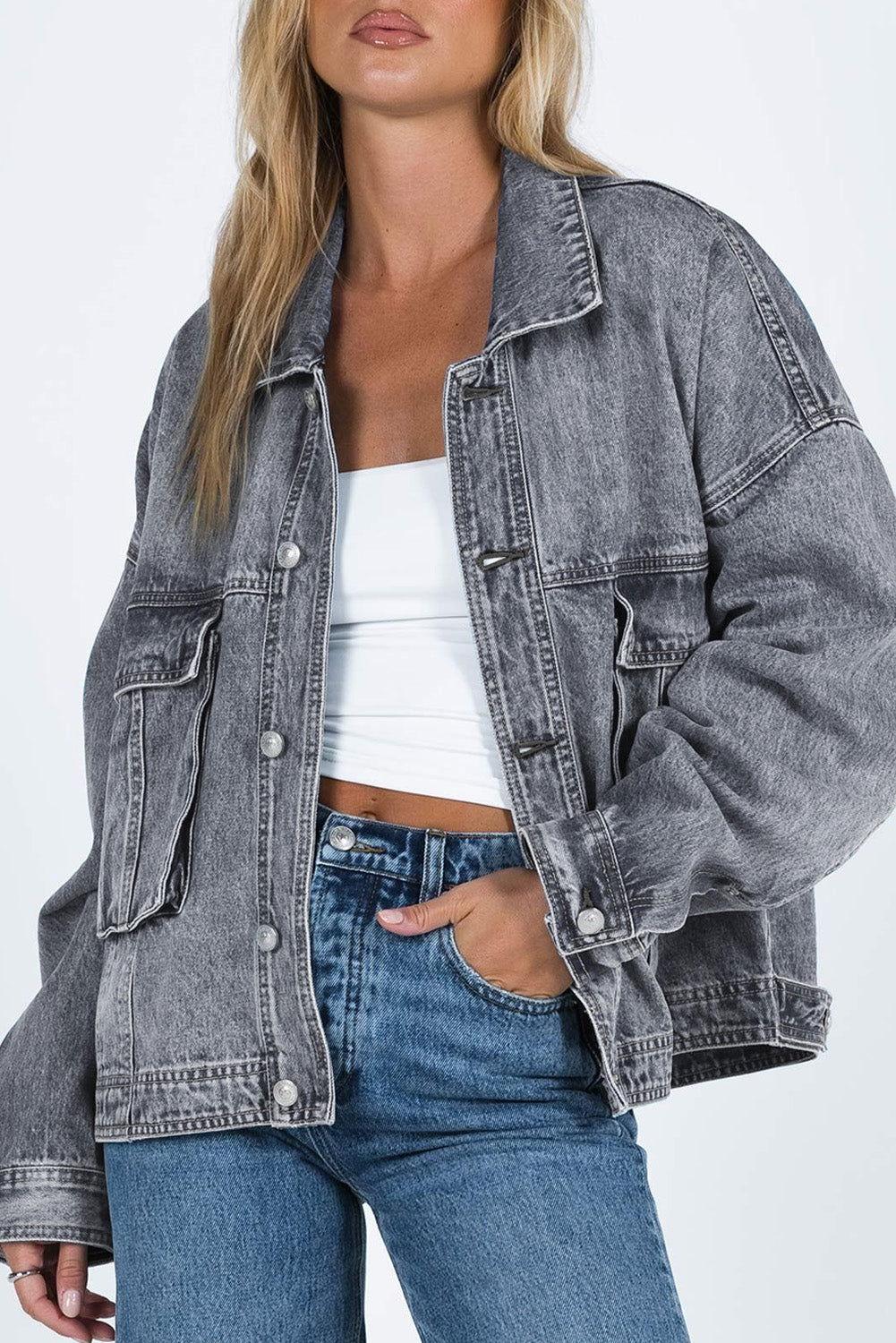 Collared Neck Button Up Denim Jacket - Clothes For Her Online Store