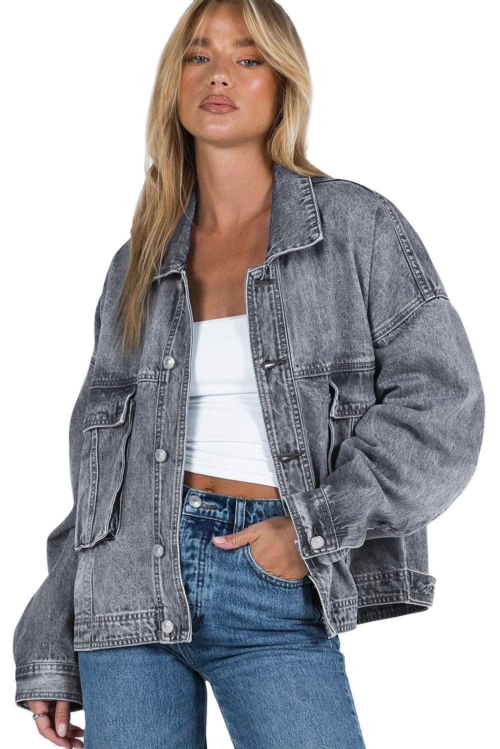 Collared Neck Button Up Denim Jacket - Clothes For Her Online Store