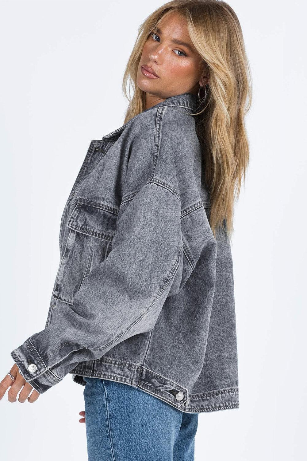 Collared Neck Button Up Denim Jacket - Clothes For Her Online Store