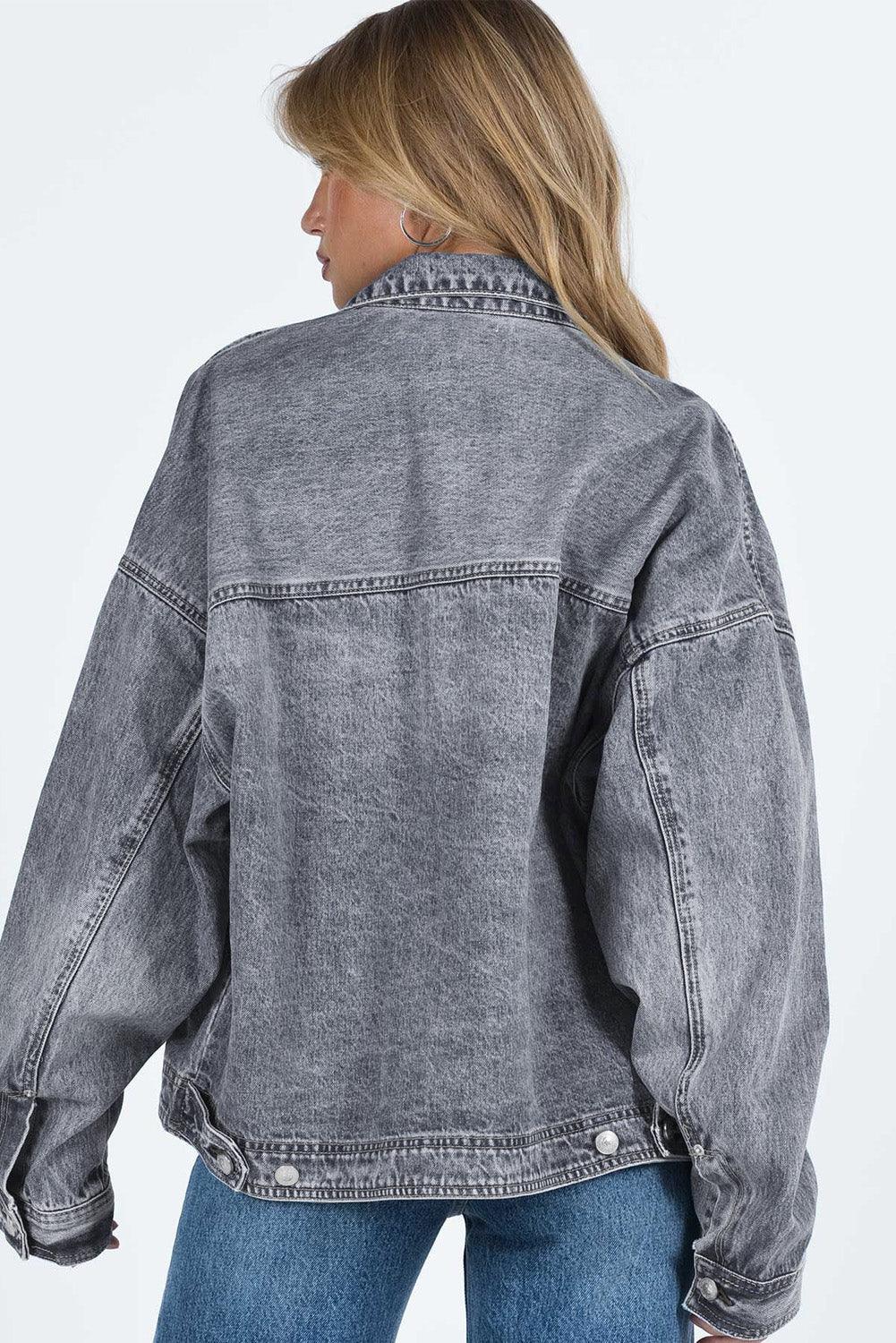 Collared Neck Button Up Denim Jacket - Clothes For Her Online Store