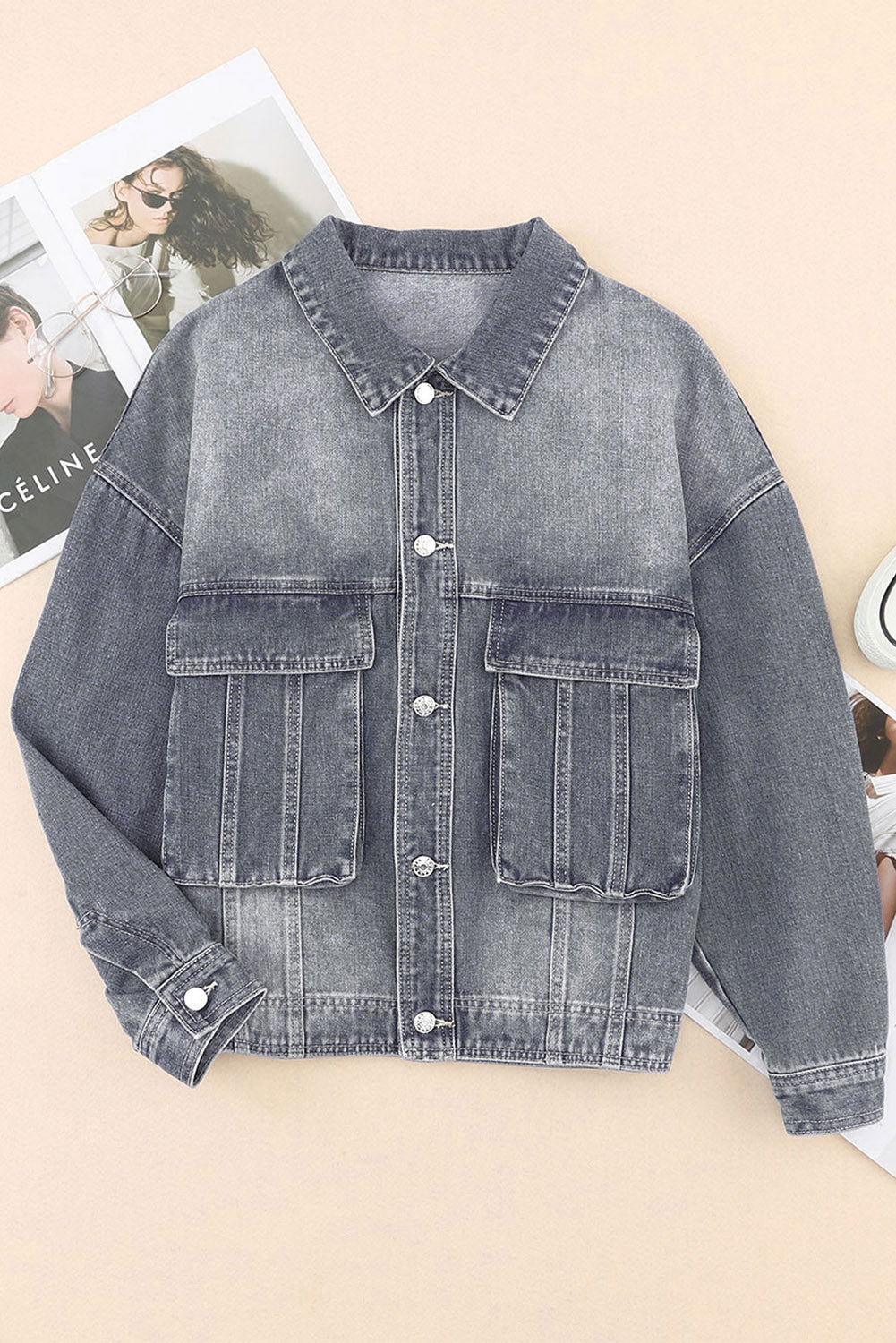 Collared Neck Button Up Denim Jacket - Clothes For Her Online Store