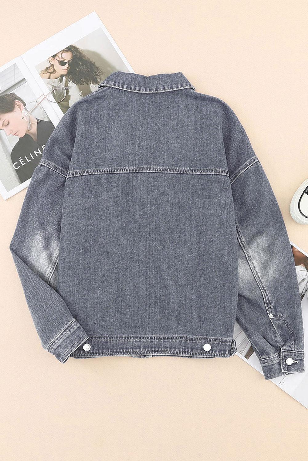 Collared Neck Button Up Denim Jacket - Clothes For Her Online Store