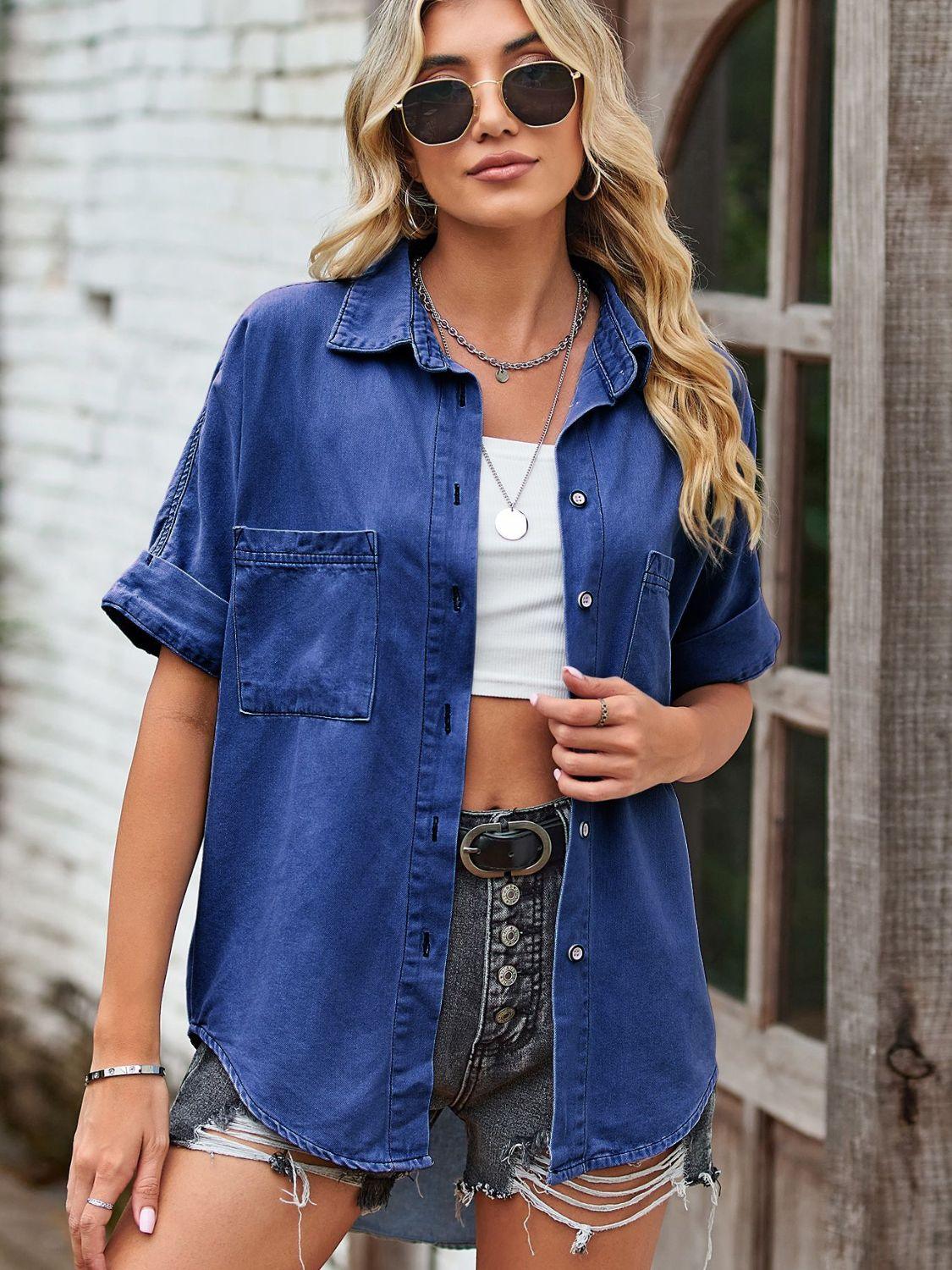 Collared Neck Denim Jacket with Pockets - Clothes For Her Online Store