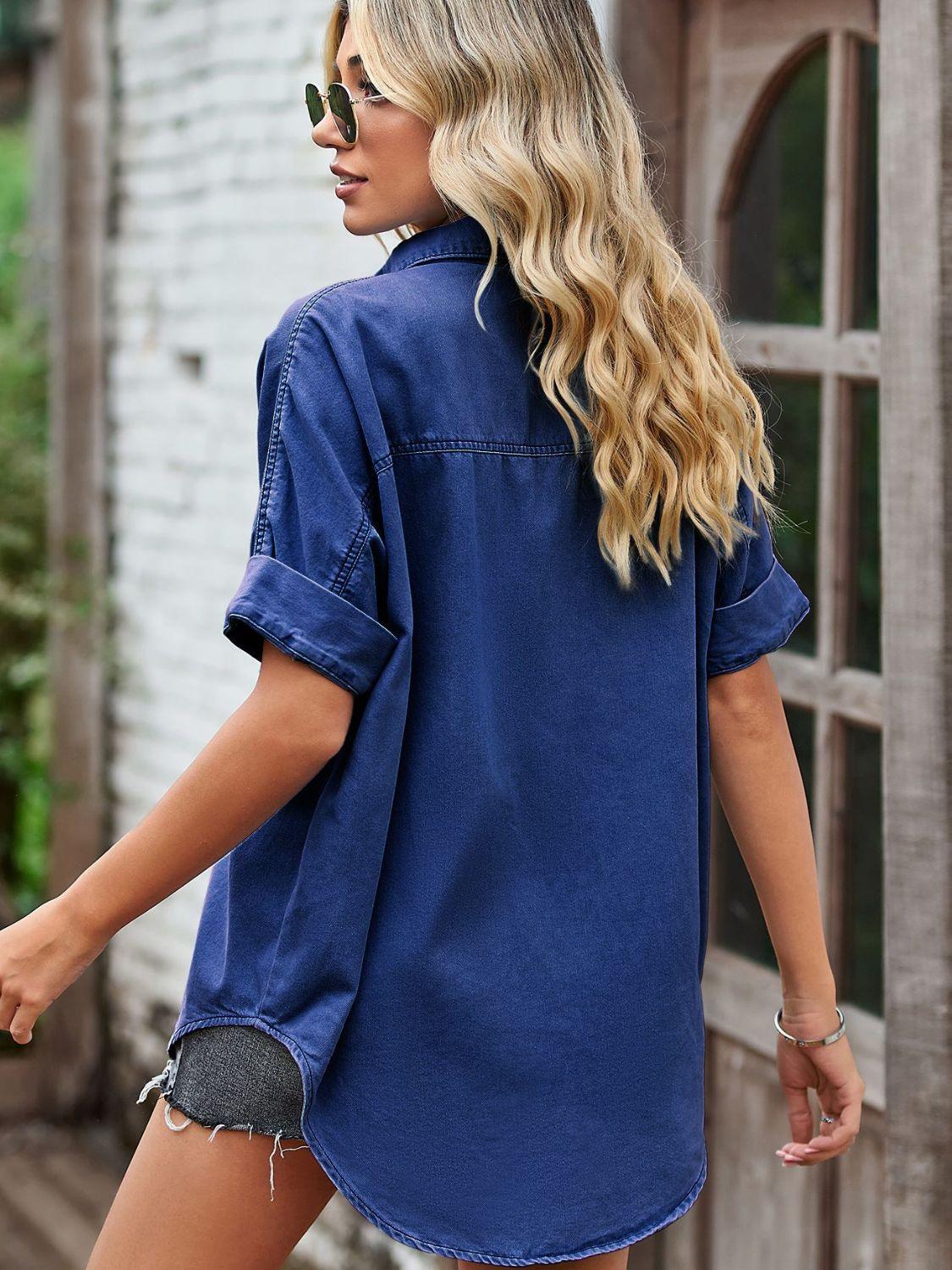 Collared Neck Denim Jacket with Pockets - Clothes For Her Online Store