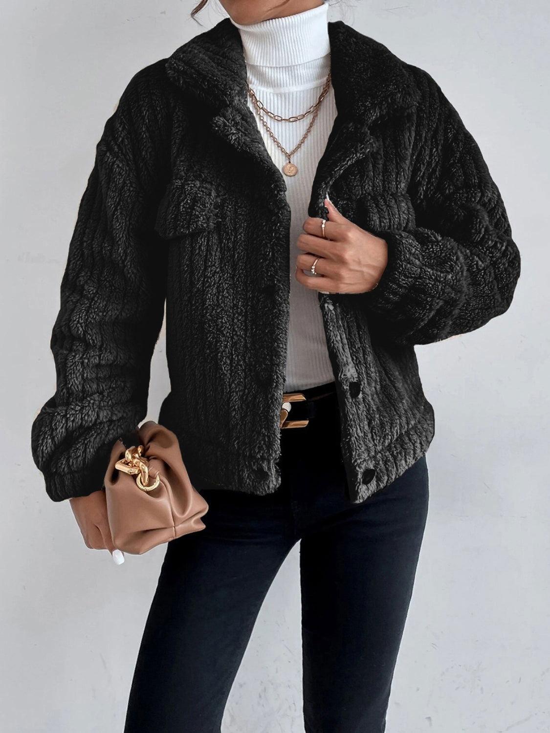 Collared Neck Drop Shoulder Jacket - Clothes For Her Online Store