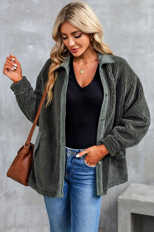 Collared Neck Drop Shoulder Jacket - Clothes For Her Online Store