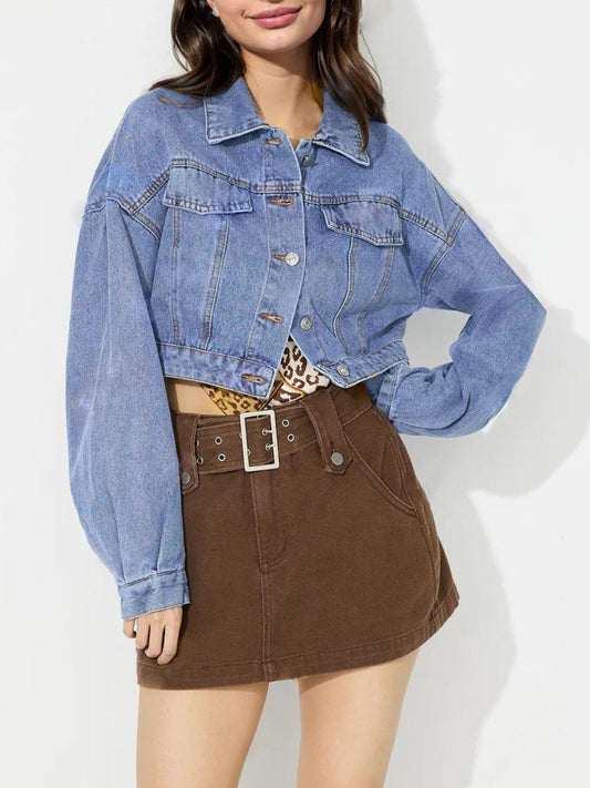 Collared Neck Dropped Shoulder Cropped Denim Top - Clothes For Her Online Store