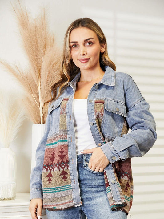 Collared Neck Dropped Shoulder Denim Jacket - Clothes For Her Online Store