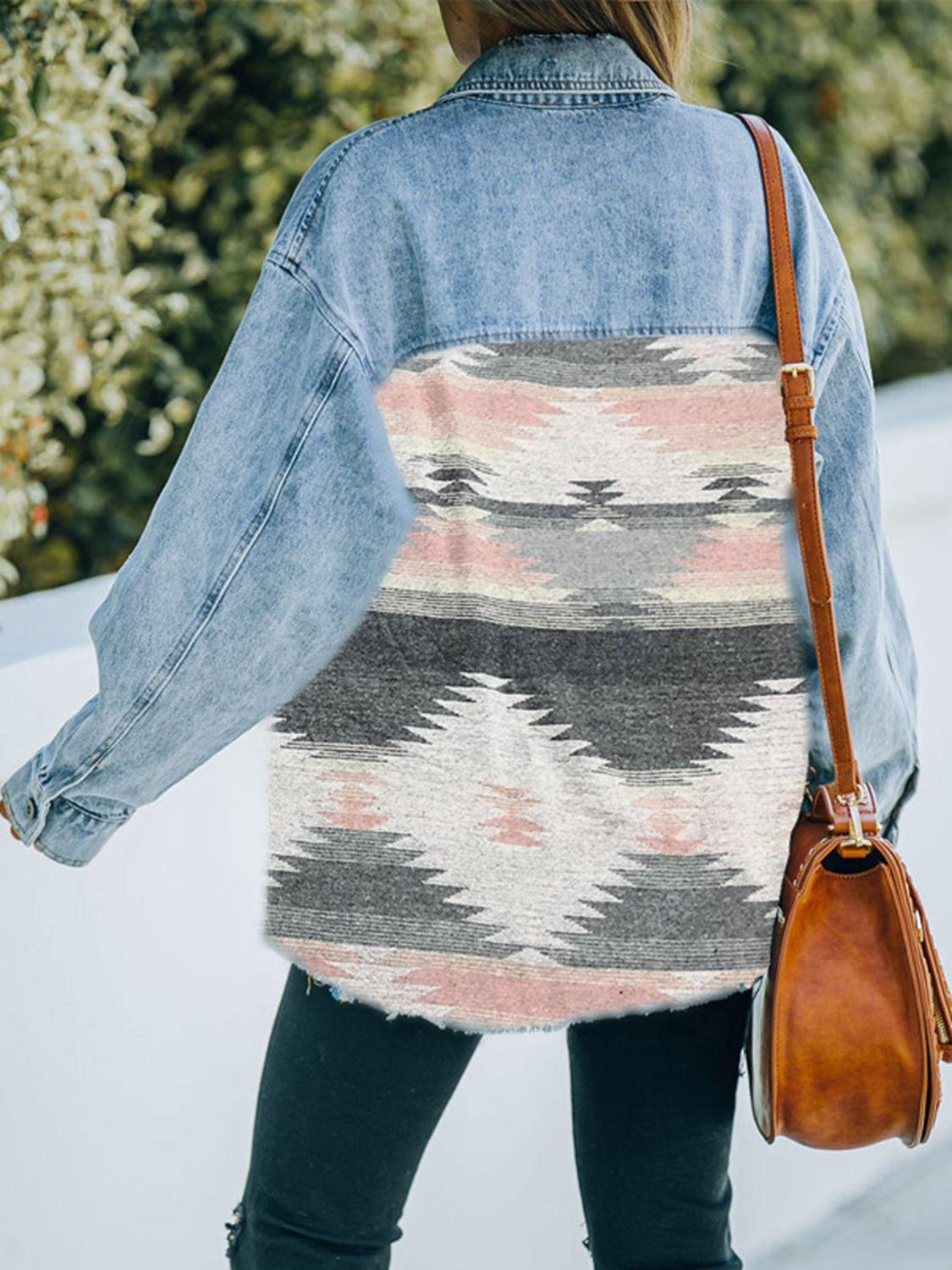 Collared Neck Dropped Shoulder Denim Jacket - Clothes For Her Online Store