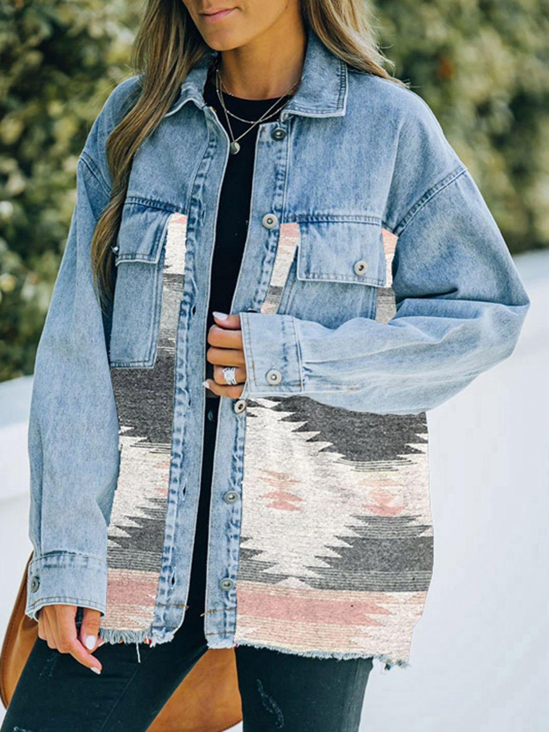 Collared Neck Dropped Shoulder Denim Jacket - Clothes For Her Online Store