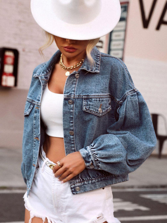 Collared Neck Dropped Shoulder Denim Top - Clothes For Her Online Store