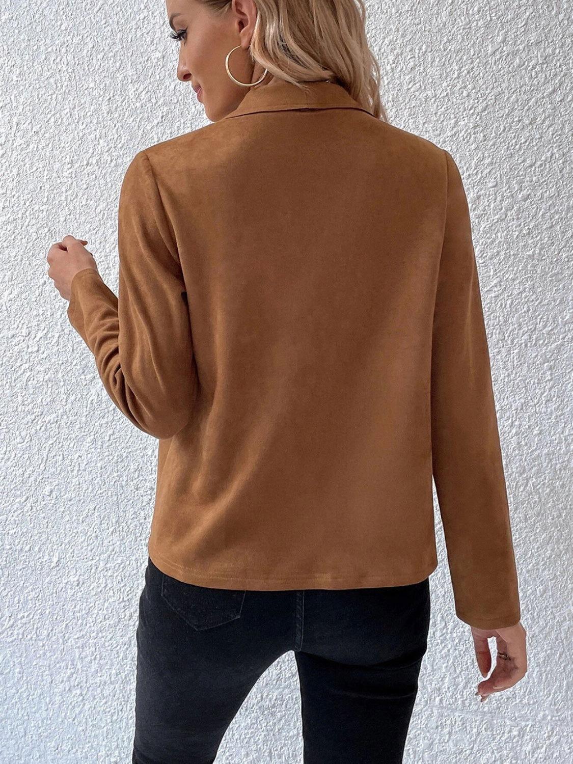 Collared Neck Long Sleeve Jacket - Clothes For Her Online Store
