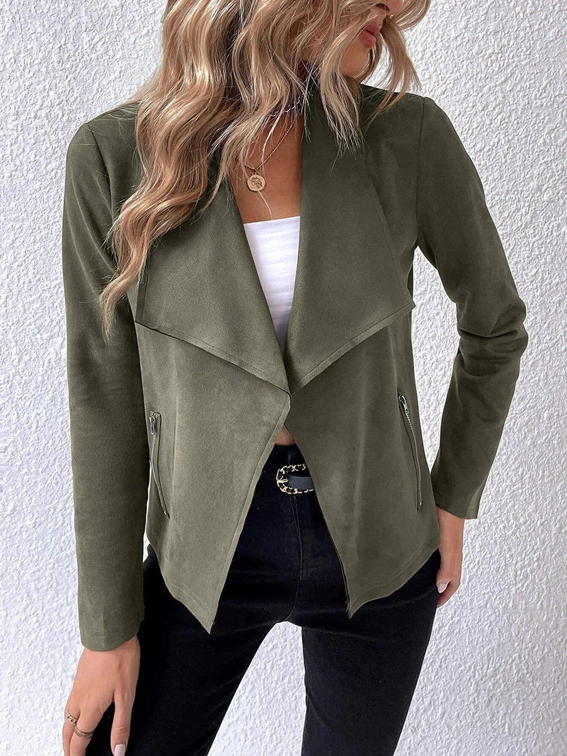 Collared Neck Long Sleeve Jacket - Clothes For Her Online Store