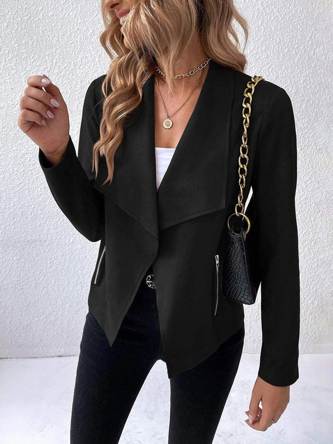 Collared Neck Long Sleeve Jacket - Clothes For Her Online Store