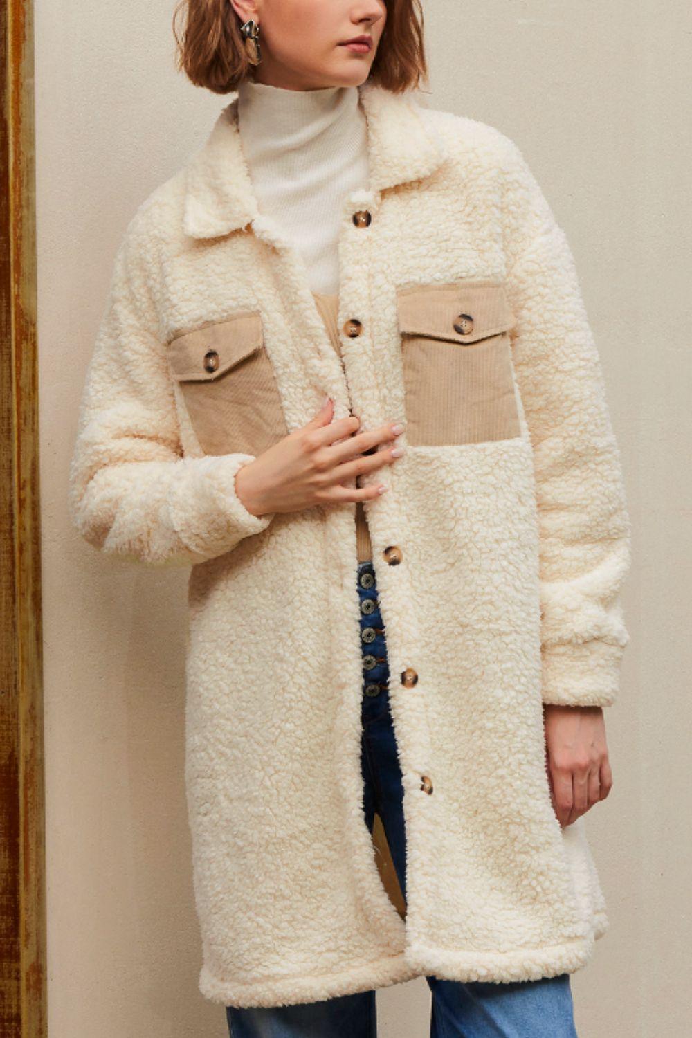 Collared Neck Long Sleeve Longline Teddy Jacket - Clothes For Her Online Store