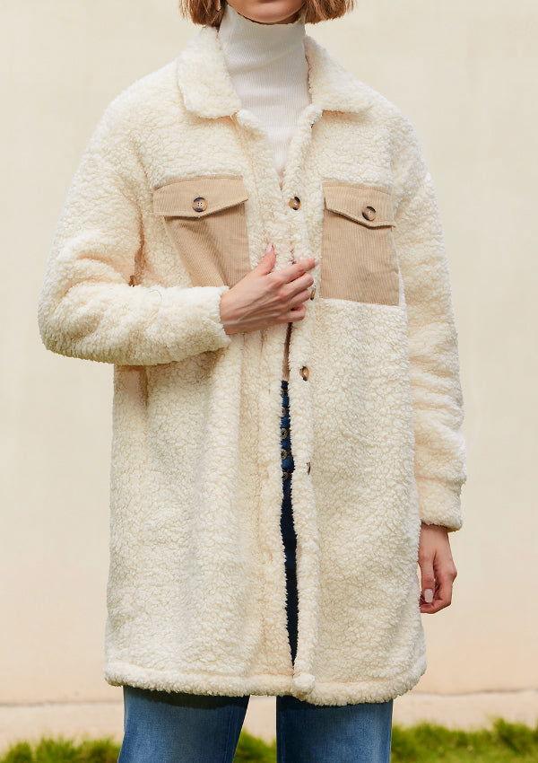 Collared Neck Long Sleeve Longline Teddy Jacket - Clothes For Her Online Store