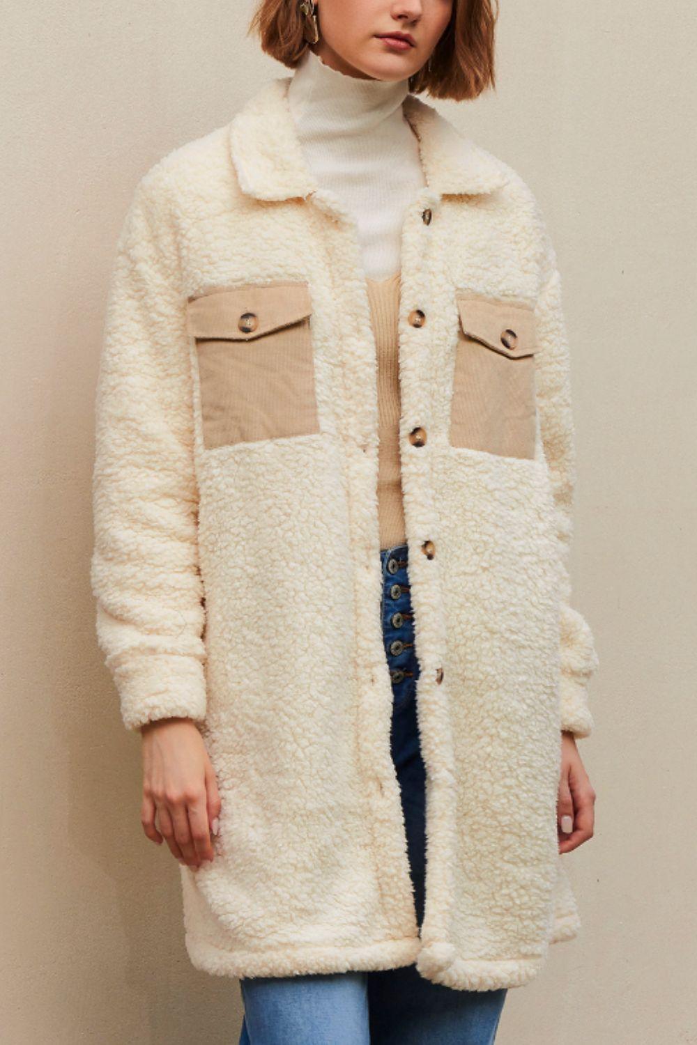 Collared Neck Long Sleeve Longline Teddy Jacket - Clothes For Her Online Store