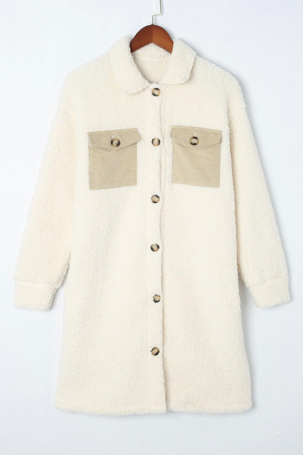 Collared Neck Long Sleeve Longline Teddy Jacket - Clothes For Her Online Store