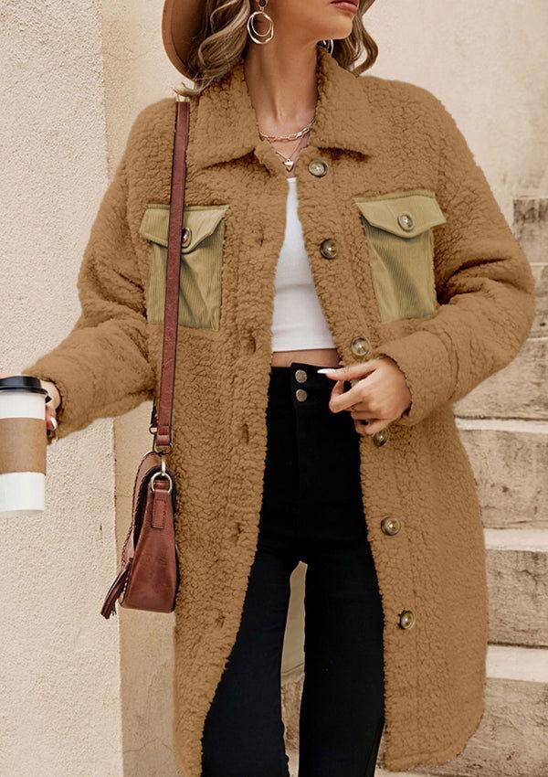 Collared Neck Long Sleeve Longline Teddy Jacket - Clothes For Her Online Store