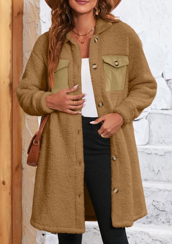 Collared Neck Long Sleeve Longline Teddy Jacket - Clothes For Her Online Store