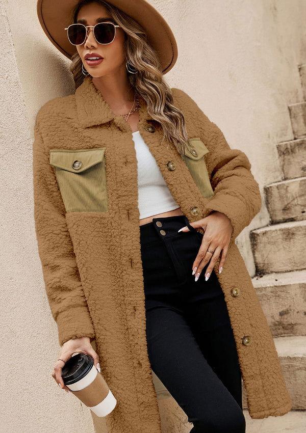 Collared Neck Long Sleeve Longline Teddy Jacket - Clothes For Her Online Store