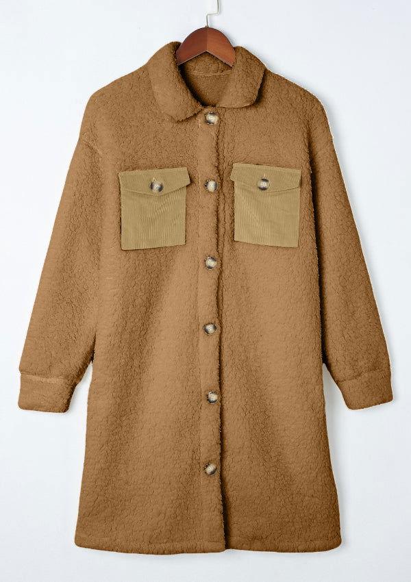 Collared Neck Long Sleeve Longline Teddy Jacket - Clothes For Her Online Store
