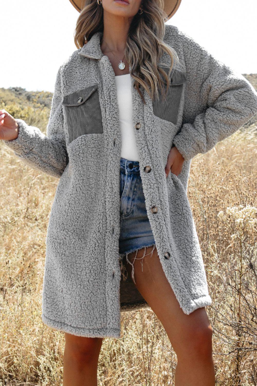 Collared Neck Long Sleeve Longline Teddy Jacket - Clothes For Her Online Store