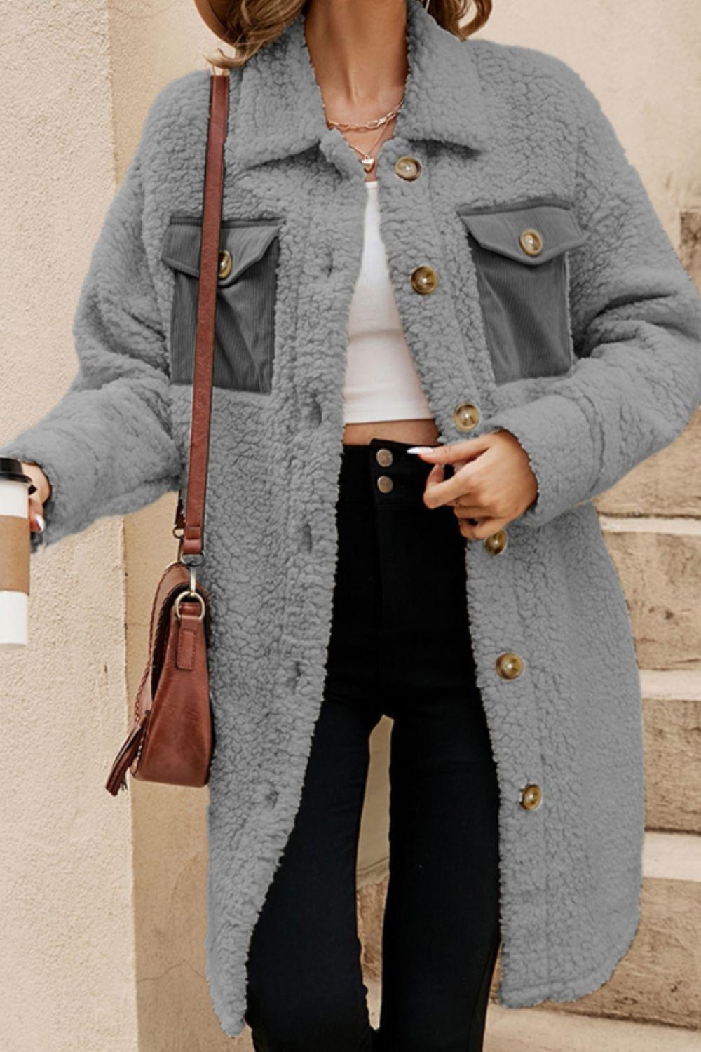 Collared Neck Long Sleeve Longline Teddy Jacket - Clothes For Her Online Store