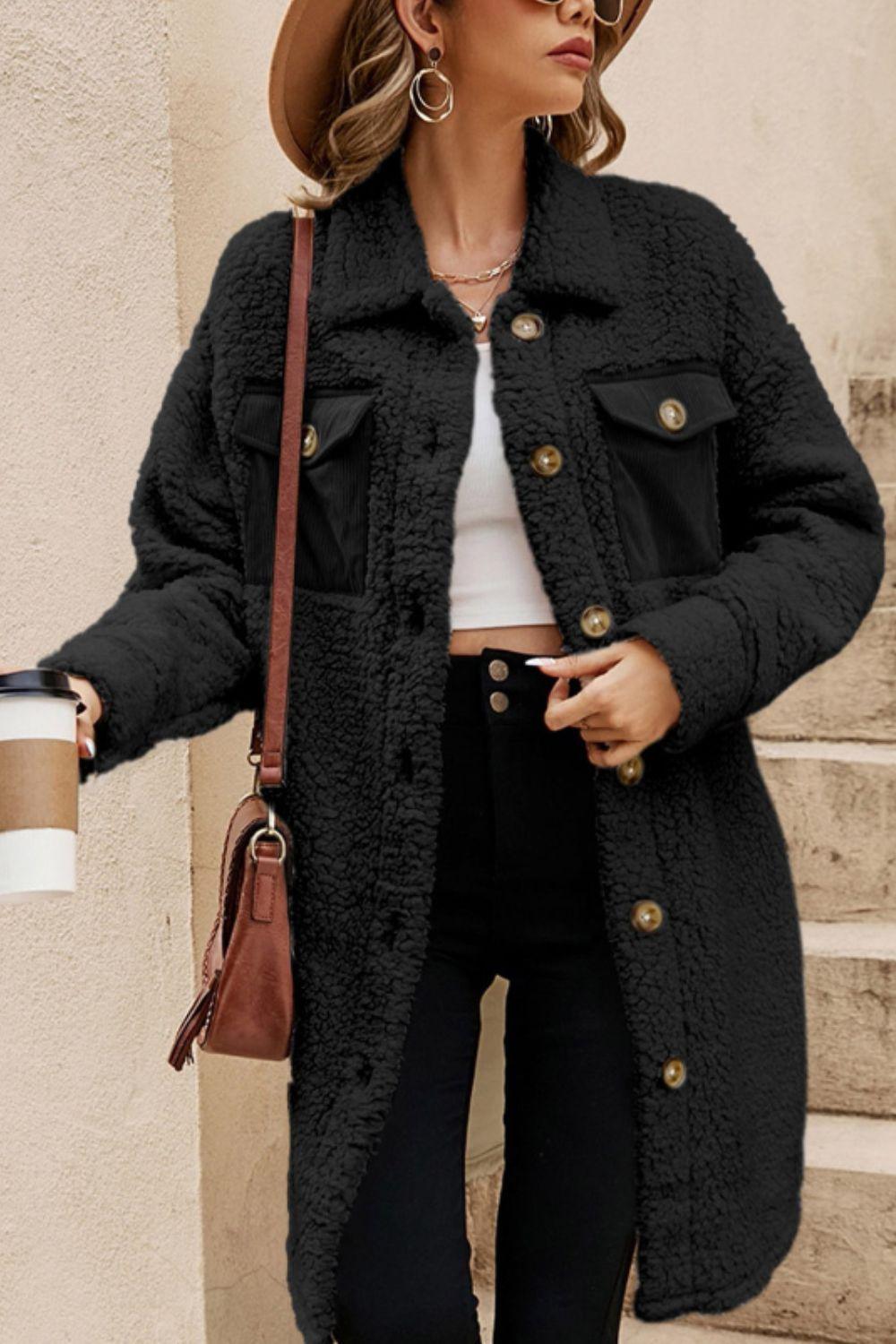 Collared Neck Long Sleeve Longline Teddy Jacket - Clothes For Her Online Store