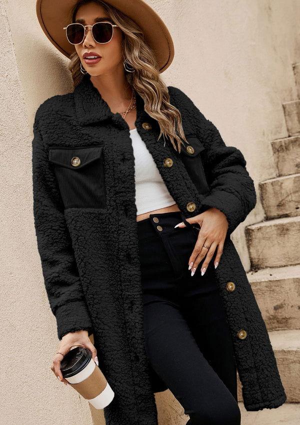 Collared Neck Long Sleeve Longline Teddy Jacket - Clothes For Her Online Store