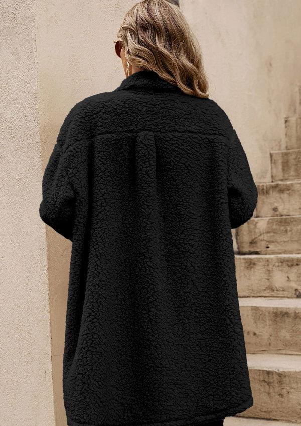 Collared Neck Long Sleeve Longline Teddy Jacket - Clothes For Her Online Store