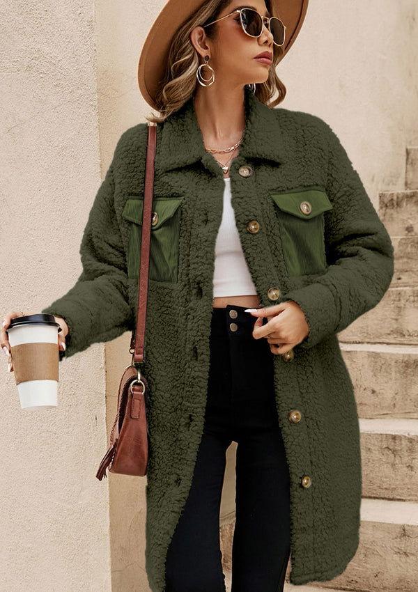 Collared Neck Long Sleeve Longline Teddy Jacket - Clothes For Her Online Store