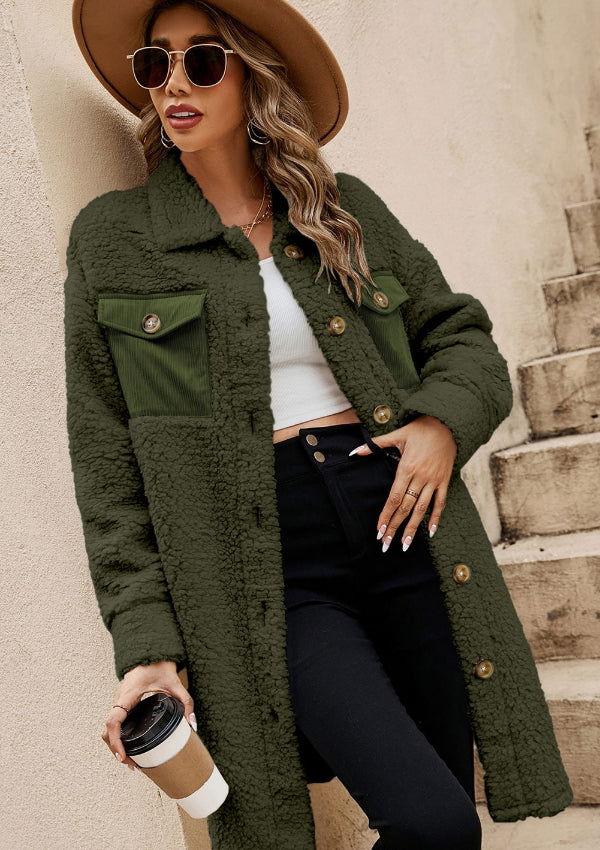 Collared Neck Long Sleeve Longline Teddy Jacket - Clothes For Her Online Store