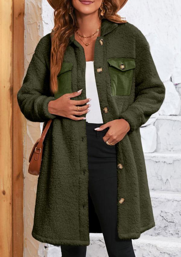 Collared Neck Long Sleeve Longline Teddy Jacket - Clothes For Her Online Store