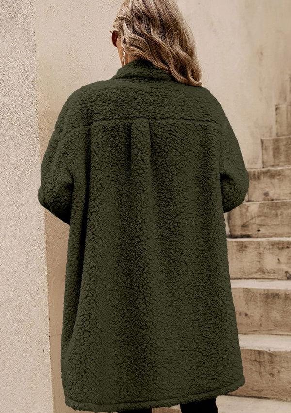 Collared Neck Long Sleeve Longline Teddy Jacket - Clothes For Her Online Store