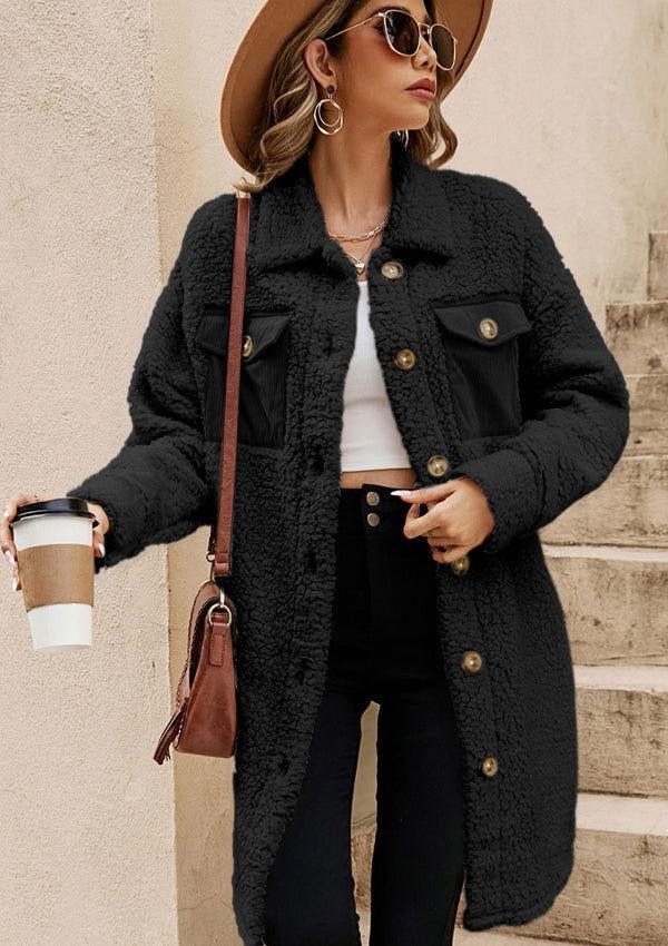 Collared Neck Long Sleeve Longline Teddy Jacket - Clothes For Her Online Store